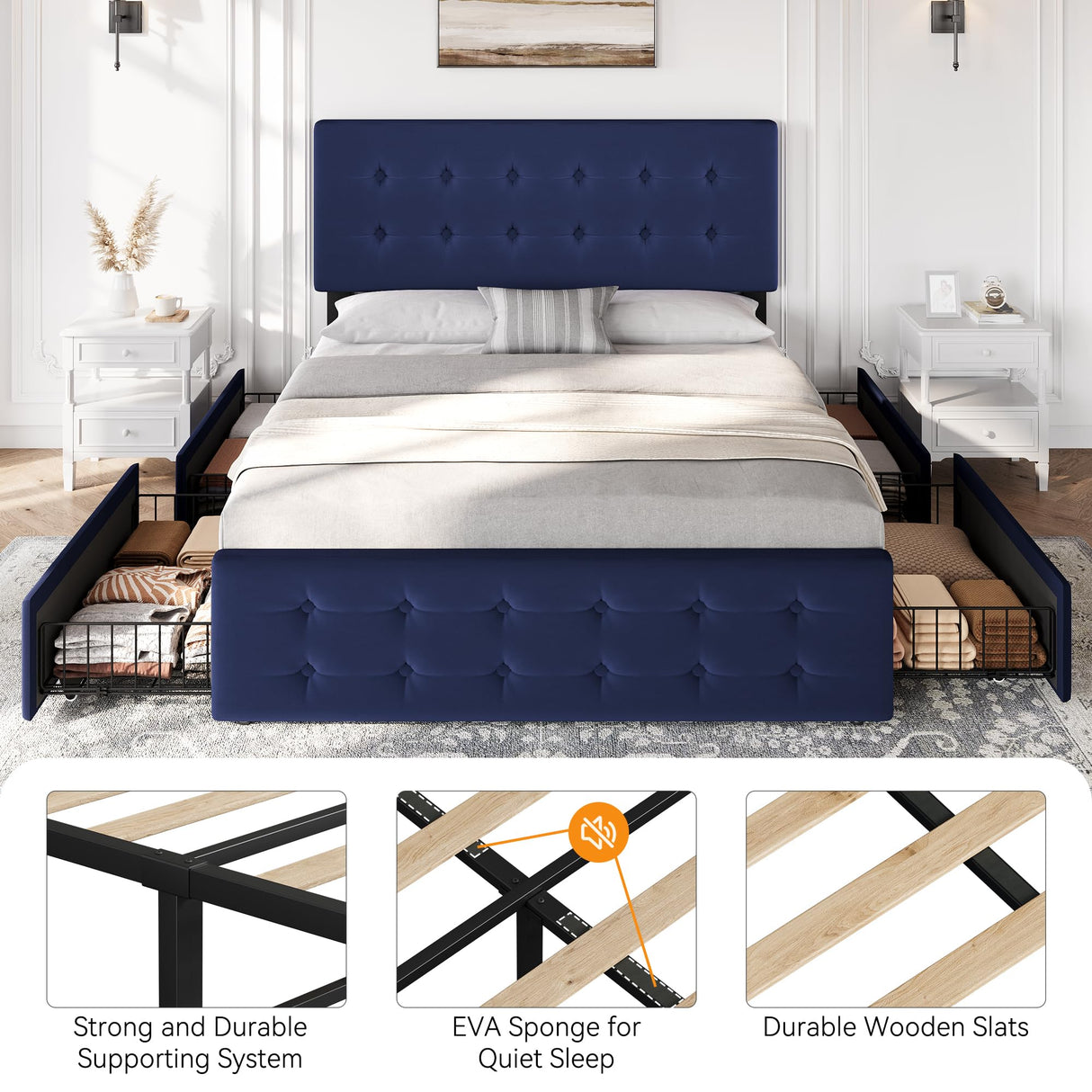 IDEALHOUSE Queen Size Bed Frame with 4 Storage Drawers and Headboard, Velvet Upholstered Platform Bed Frame with Wooden Slats Support, Button Tufted Design, No Box Spring Needed, Blue IDEALHOUSE