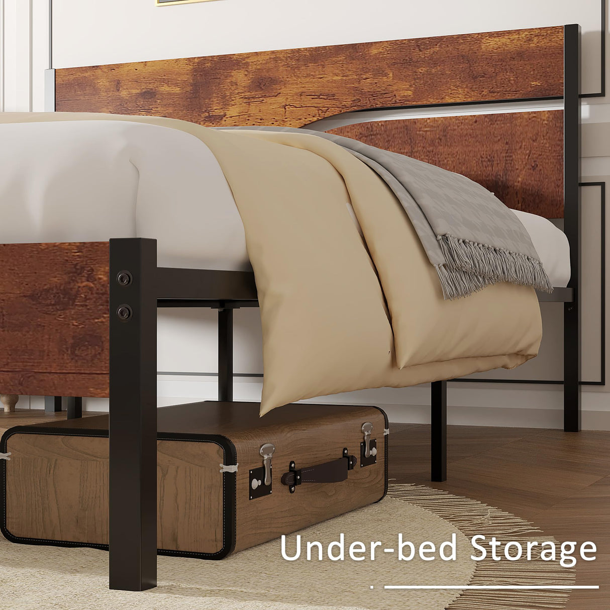 VECELO Full Size Bed Frame with Headboard Wood, Solid and Strong Metal Platform Support, No Box Spring Needed VECELO