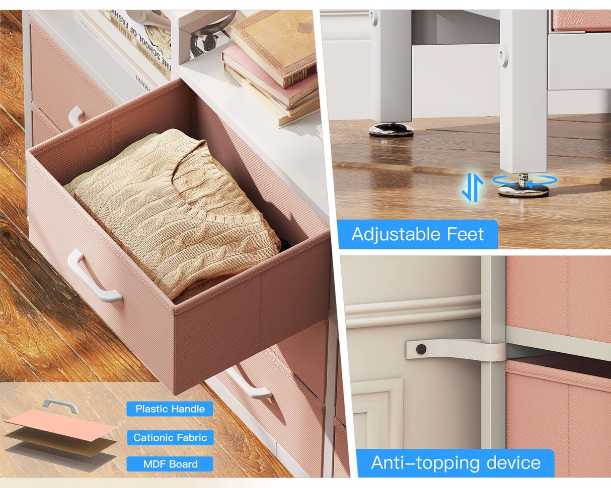 Casaottima Dresser for Bedroom with Charging Station, 52" Long Dresser with 8 Storage Drawers, Large Fabric Dressers Chests of Drawers with Shelves, Pink Casaottima