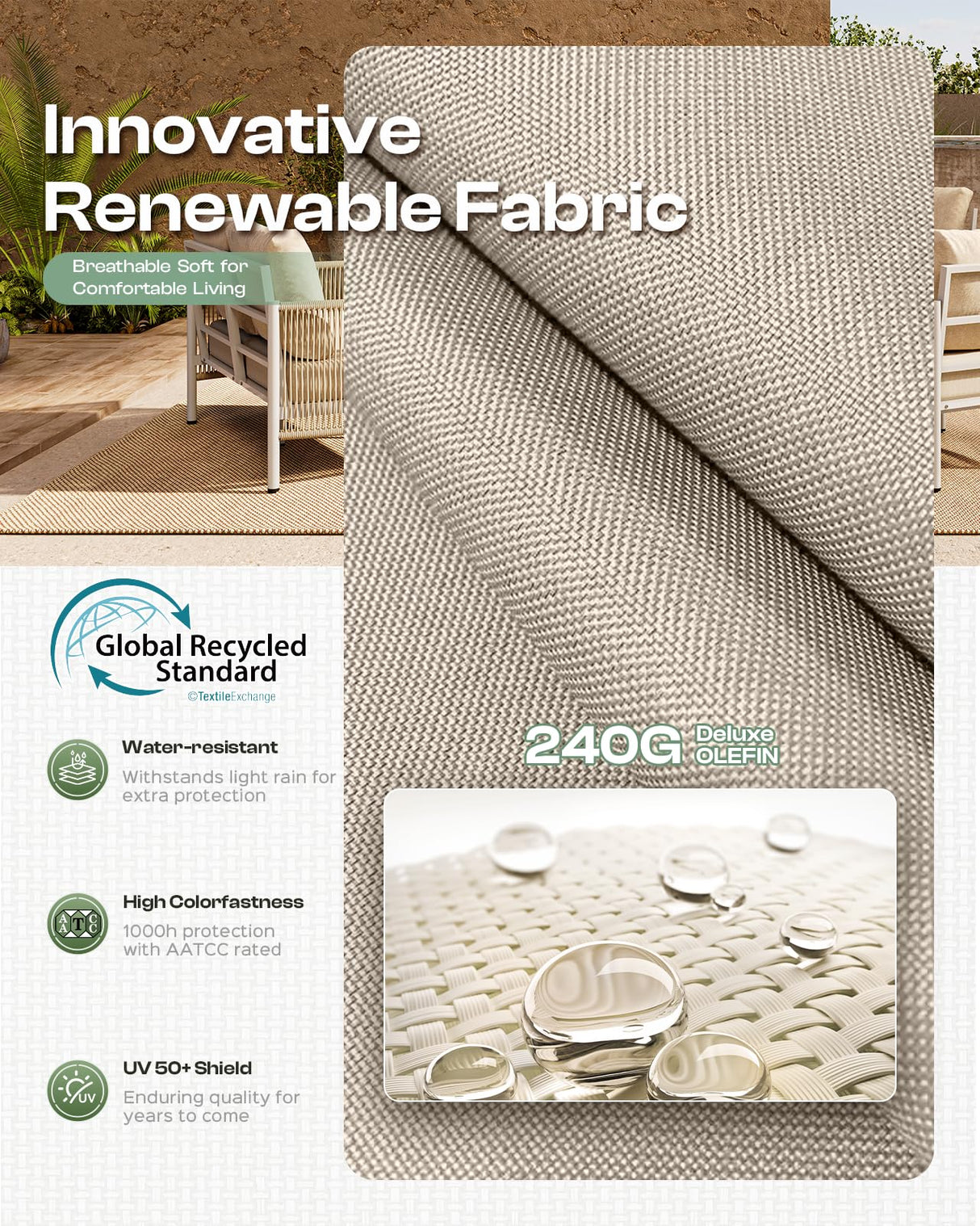 Oasbira Aluminum Outdoor Patio Furniture Set, HDPE Rope 5 Piece Modern Sectional Conversation Sets with Dual-Layer Coffee Table, All Weather Patio Couch Sofa with Thick Cushions, White Frame, Ivory Oasbira