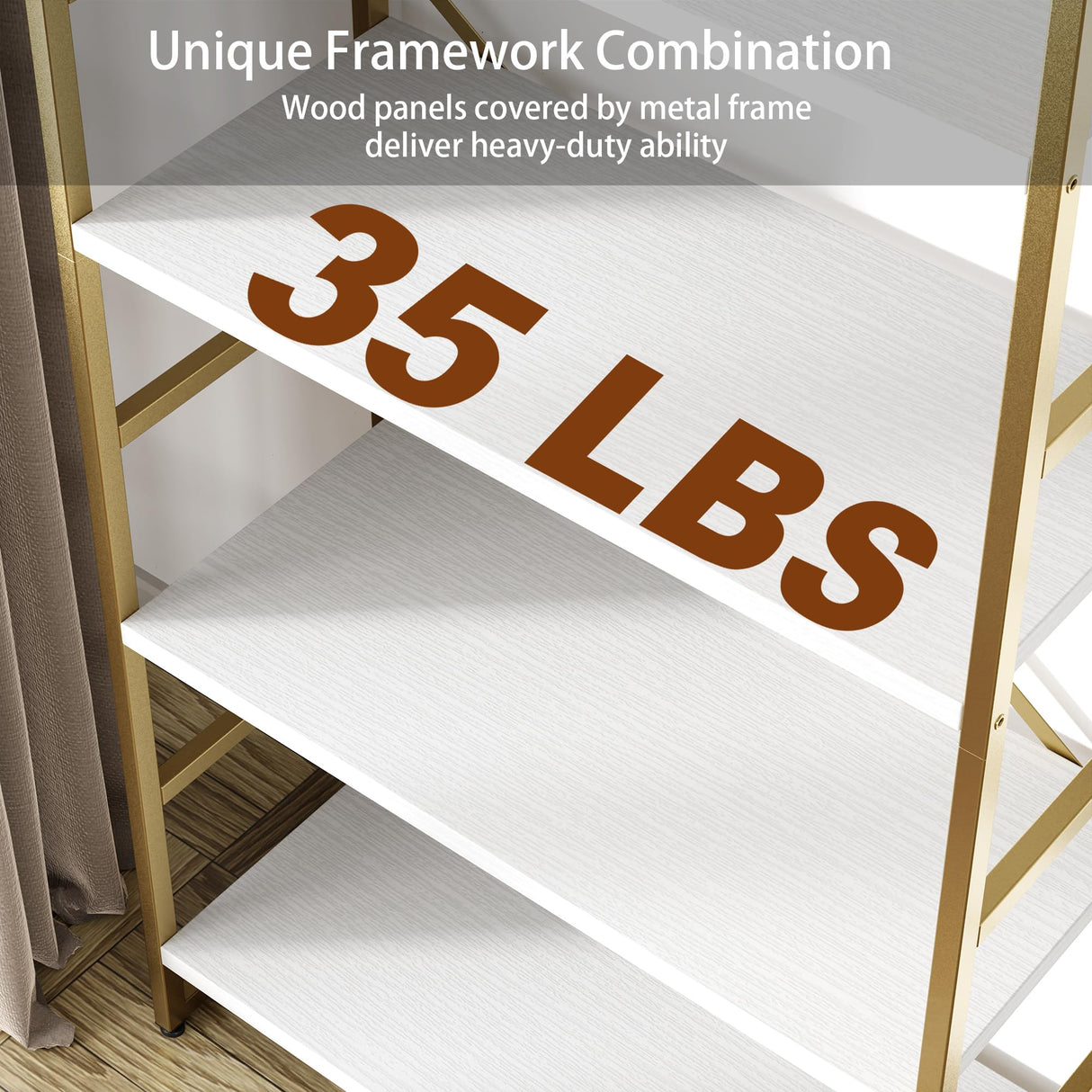 Shintenchi 5-Tier Industrial Gold Bookshelf – Modern Multi-Functional Bookcase for Home & Office Shintenchi