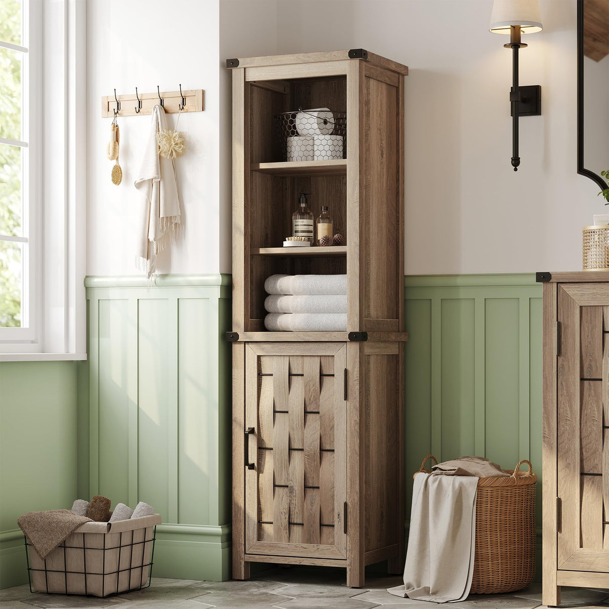 LINSY HOME Bathroom Storage Cabinet, Farmhouse Narrow Storage Cabinet with Door & Adjustable Shelves, Tall Linen Tower for Bathroom, Living Room, Light Brown LINSY HOME