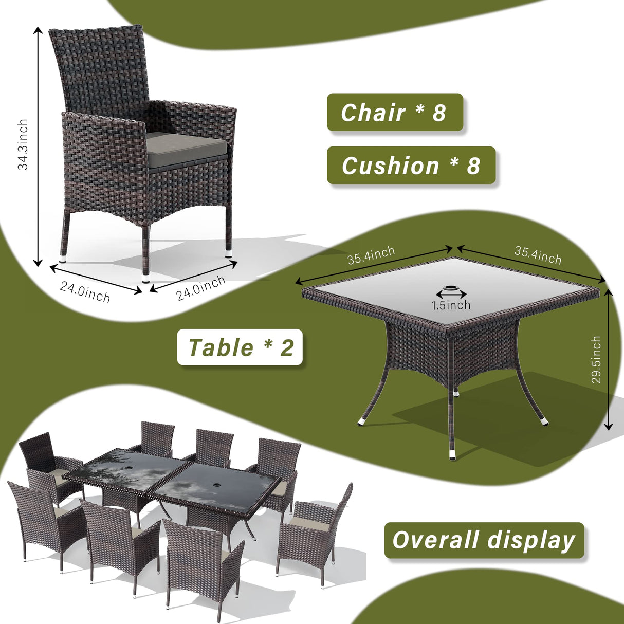 RTDTD 10 Pieces Patio Dining Set Outdoor Rattan Furniture Dinning Set with 2 Square Glass Tabletops 8 Chairs with Grey Cushions for Patio, Backyard Outdoor Kitchen Lawn & Garden RTDTD