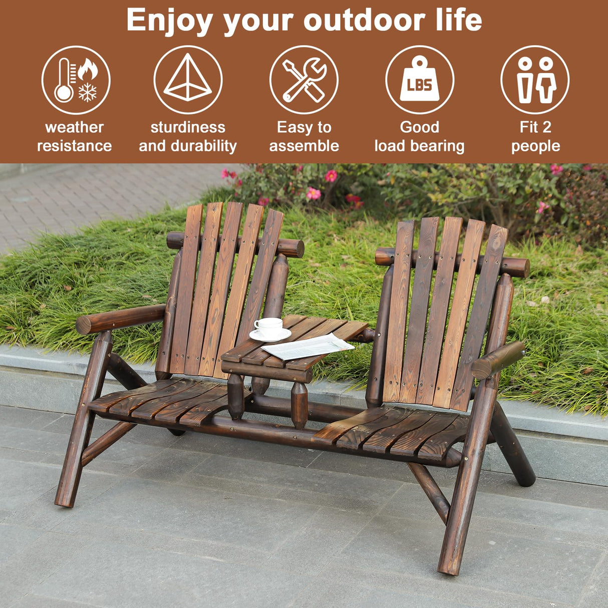 HOMEDIARY 2-Seat Wooden Adirondack Chair, Outdoor Log Patio Loveseat with Built-in Table, Patio Bench Fire Pit Chair Porch Furniture Conversation Set for Deck Lawn Pool Backyard, Carbonized HOMEDIARY