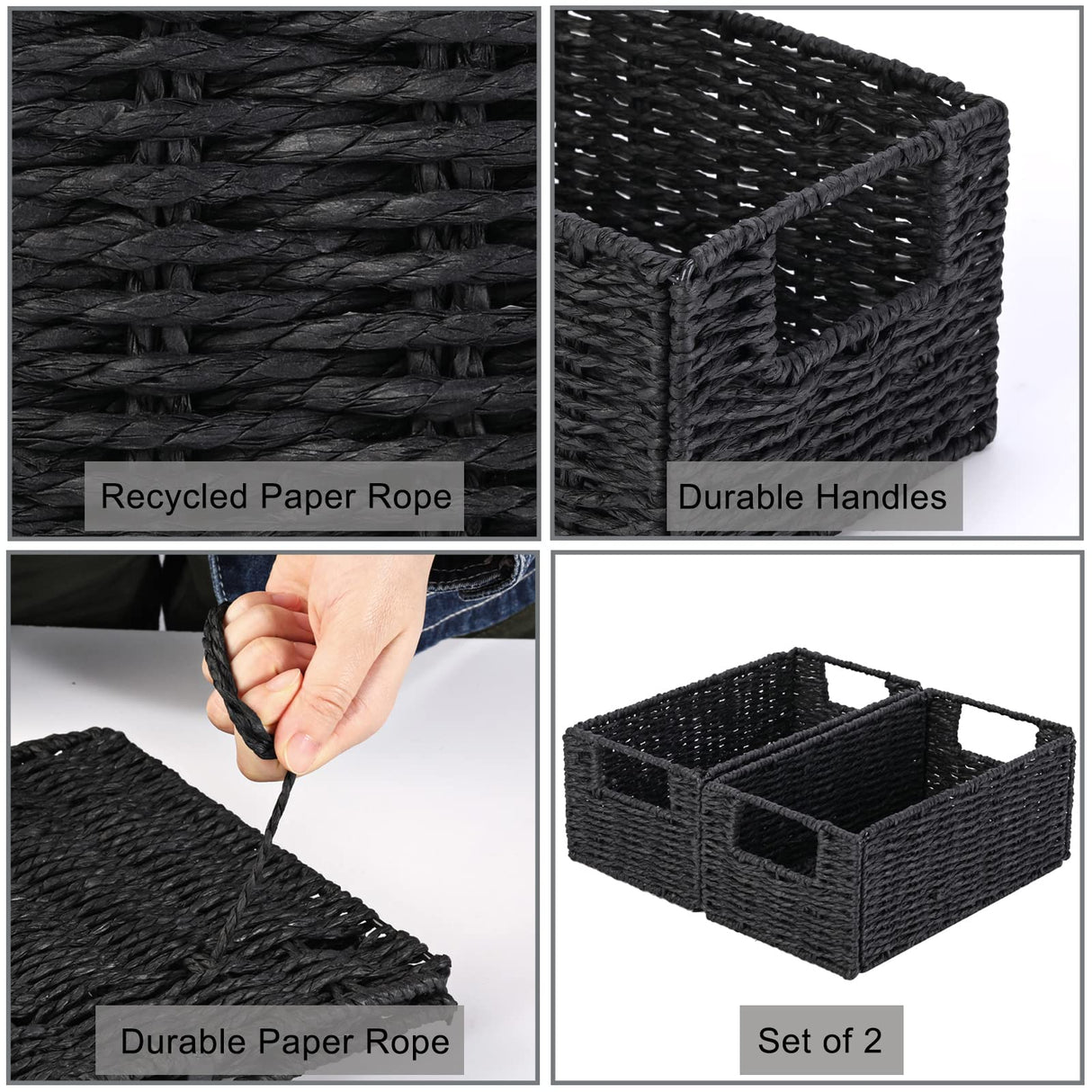 Vagusicc Wicker Storage Basket, Set of 2 Hand-Woven Paper Rope Wicker Basket, Small Storage Baskets for Organizing Toilet Paper Basket, Foldable Large Cube Storage Organizer Bins for Shelves (Black) Vagusicc