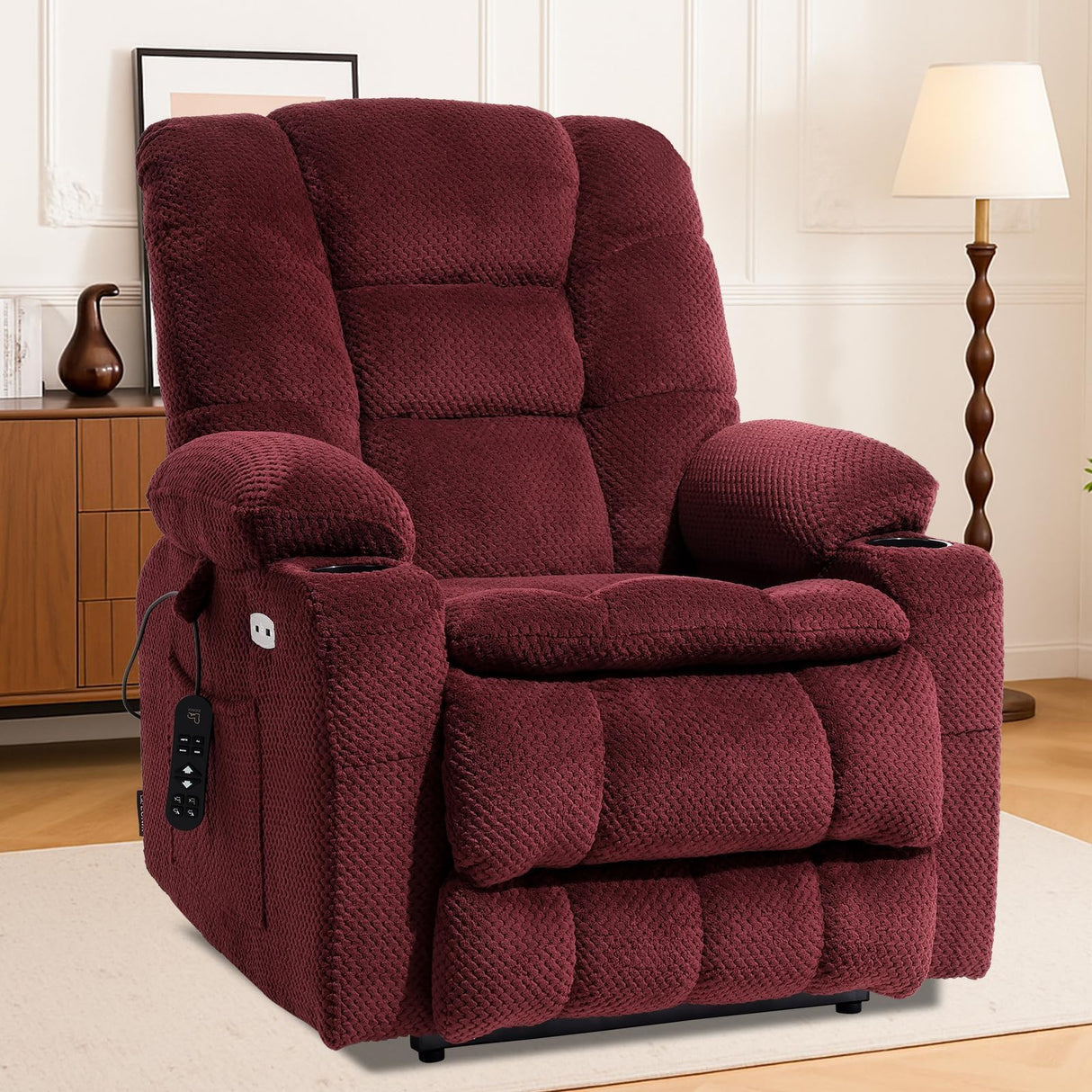 EONIX Dual Motor Lay Flat Power Lift Recliner Chair for Elderly, Electric Recliner Lift Chairs for Adults with Cup Holders, 400lbs Heavy Duty Power Recliner Sofa with Heat and Massage, Burgundy EONIX
