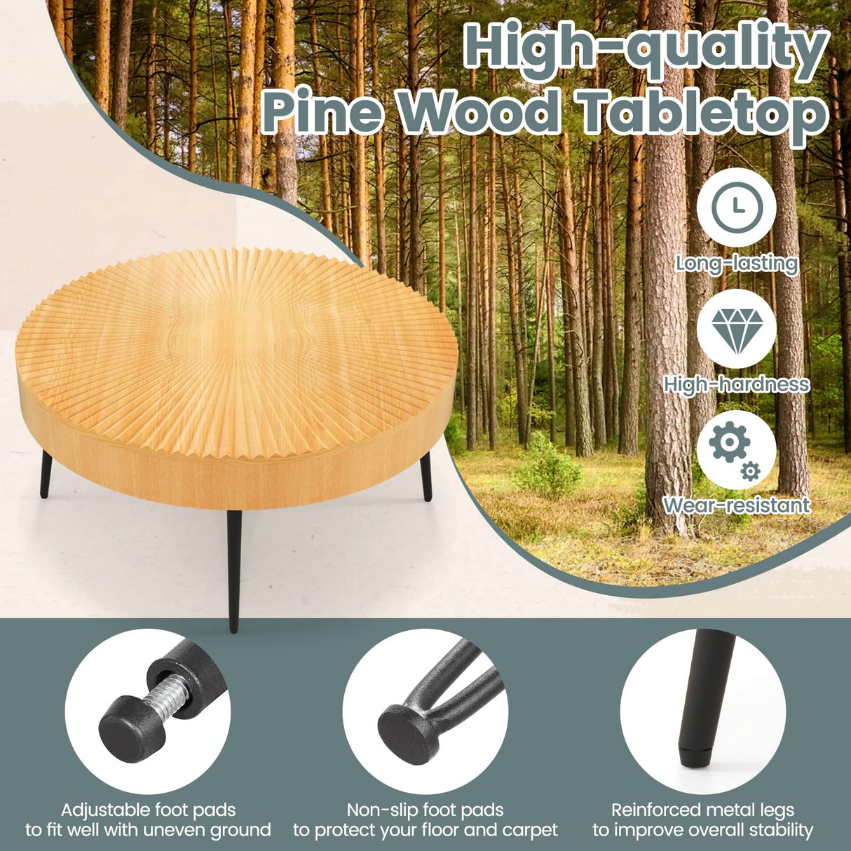 COSTWAY Farmhouse Round Coffee Table Set of 2, Rustic Sofa Side Tea Tables w/Wood Finish, Metal Frame, Adjustable Foot Pads, Nesting End Table Set for Living Room, Bedroom (Radial Pattern) COSTWAY