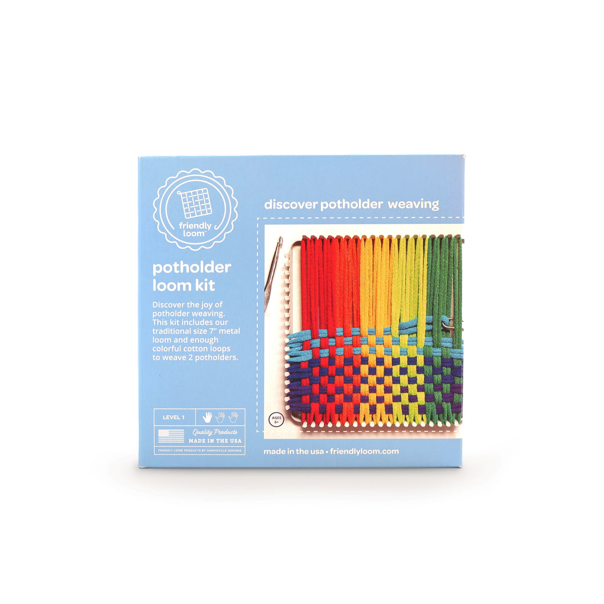 Friendly Loom 7” Traditional Potholder Weaving Kit | Sturdy Metal Loom and Quality Cotton Weaving Loops in Rainbow Colors | Complete Kit to Weave 2 Functional Potholders | Made in the USA Harrisville Designs