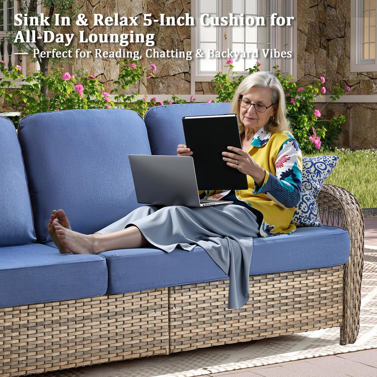 10 Pieces Patio Furniture Set Outdoor Sectional Sofa Couch with Rocking Swivel Chairs 5" Deep Seat Chairs, Modern Wicker Rattan Conversation Set, Blue/Gray Wicker Pugire