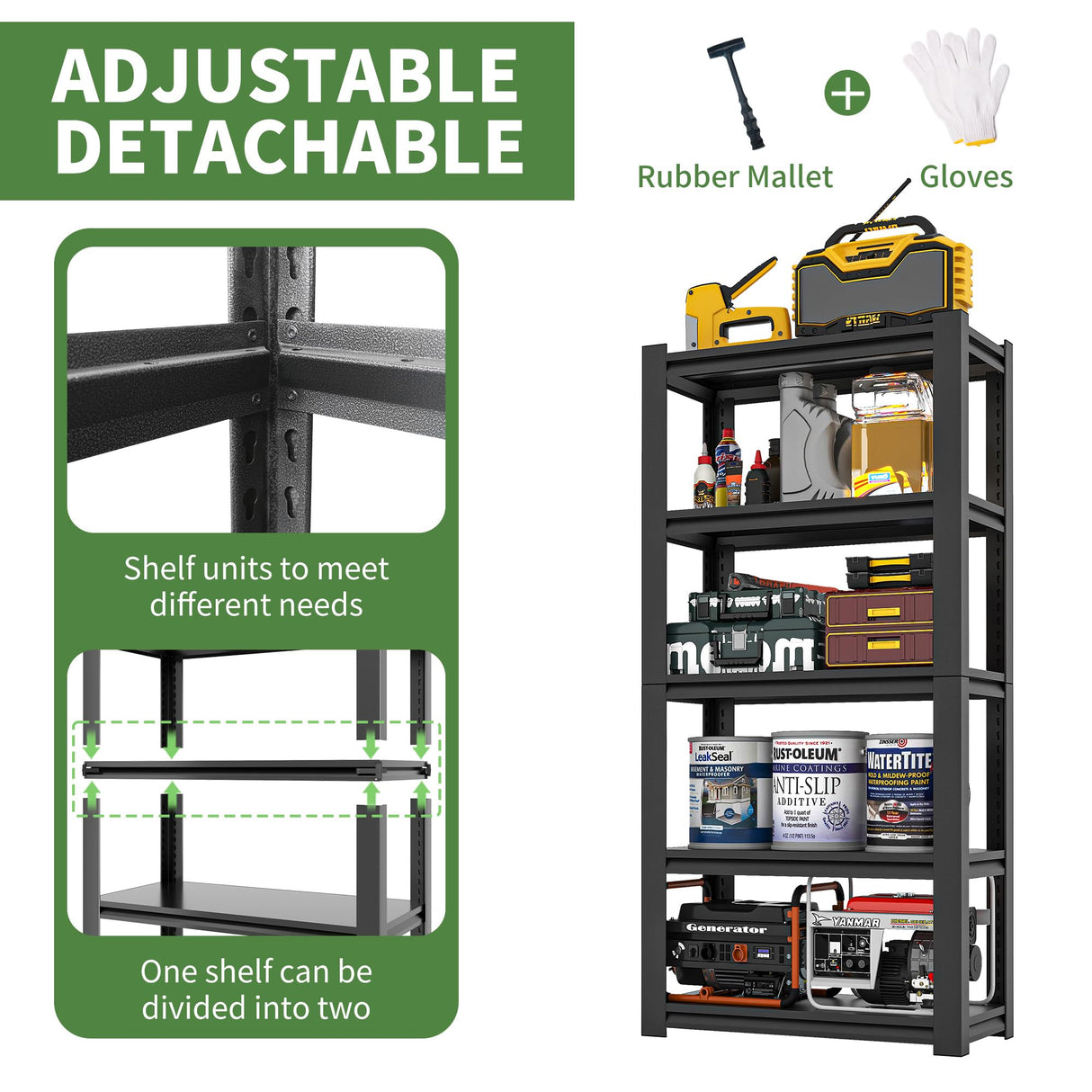 VIYET Garage Shelves,72" H Garage Shelving Heavy Duty, 2500Lbs 5 Tier Adjustable Garage Storage Shelves Suitable for Warehouse, Basement, Workshop, Kitchen, Require Assembly, 16" D*36" W*72" H, Black VIYET