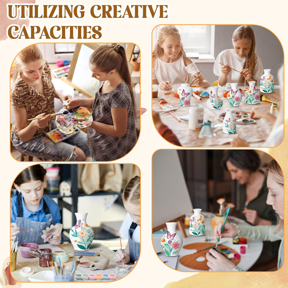 Fuyoooo 6 Sets Paint Your Own Vases Unpainted White Vases Ceramic Painting Kit for Adults with Paint Brushes, Underglaze Paints and Palettes for Birthday Party Activity Gift Art Supplies DIY Craft Fuyoooo