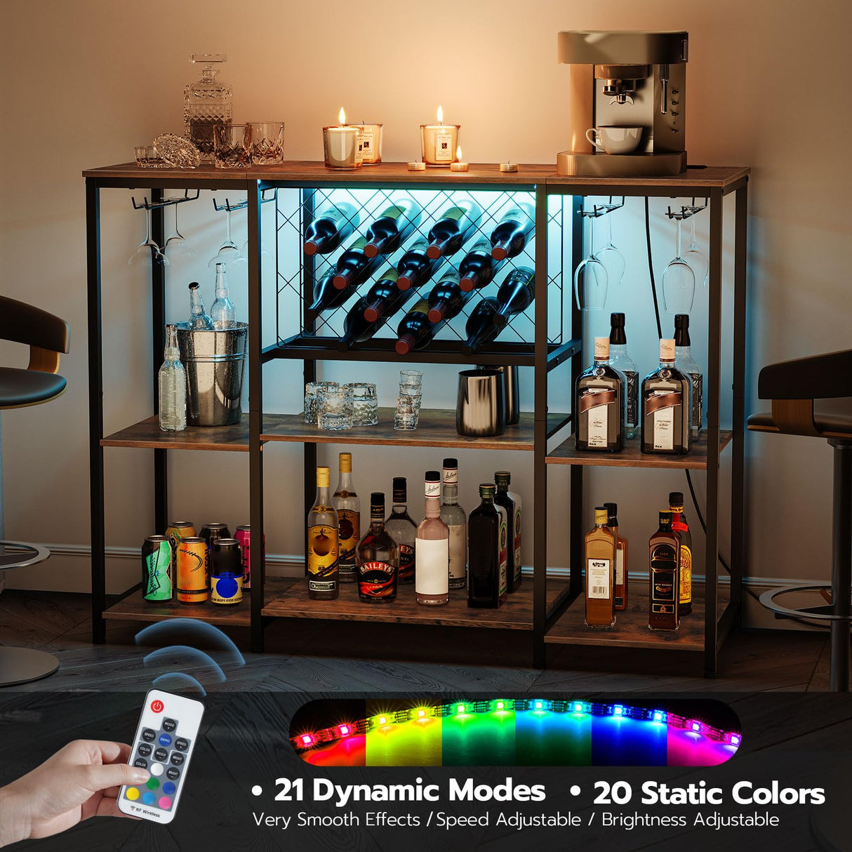 HOOBRO Wine Bar Cabinet with LED Light and Power Outlets, Wine Rack Table for Drinks and Glasses, Coffee Bar Cabinet with Wine Rack, for Kitchen, Dining Room, Rustic Brown and Black BF12UDJJ01 HOOBRO
