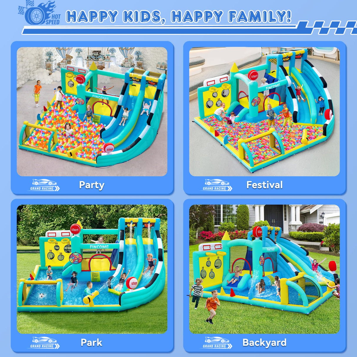 FINCOME Bounce House Double Slides for Kids 3-12, Large Bounce Castle with Air Blower 550W, Pool, Jumping, Climbing, Balls, Ring Toss, Inflatable Water Park for Birthday Party Holiday Outdoor Indoor FINCOME