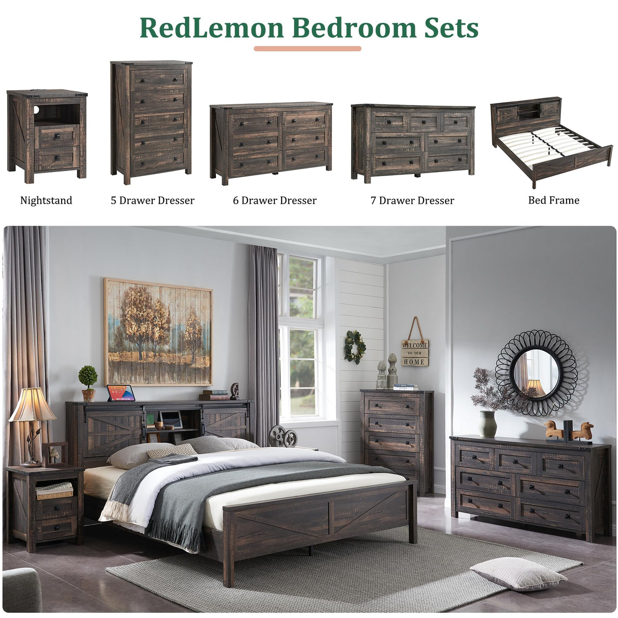 RedLemon Farmhouse 7 Drawer Dresser for Bedroom, 54 Inch Wide Rustic Wood Dresser TV Stand, Dresser Chest of Drawers for Closet, Living Room, Hallway, Dark Rustic Oak RedLemon