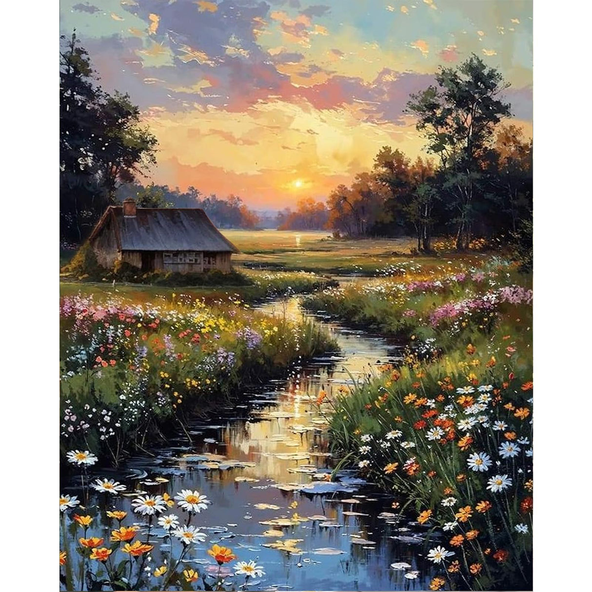 Paint by Numbers Kit for Adults - Countryside Sunset Adult Paint by Number Kits on Canvas Without Frame for Beginner, Stream Landscape Oil Painting by Numbers Kit for Gift Home Wall Decor 16x20 Inch Camocin