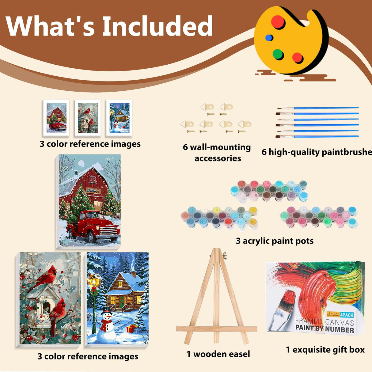 Reivworl 3 Pack Framed Paint by Numbers for Adults with Wooden Easel, Christmas Paint by Numbers Kit for Adults Beginner, Acrylic Painting by Number for Home Decor 8X12 Inch Reivworl