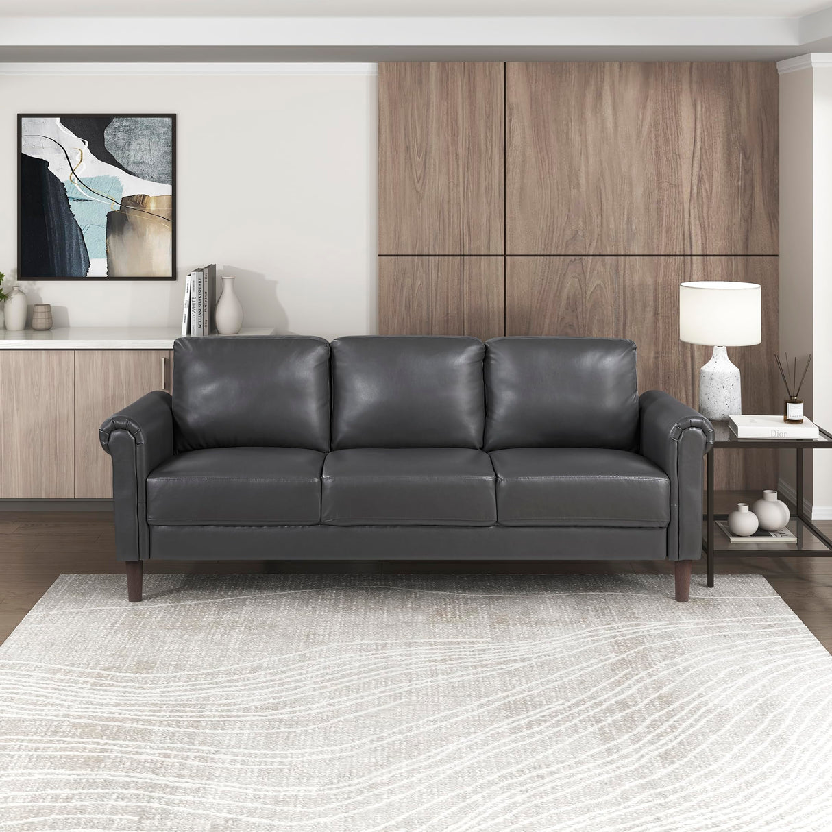 Lexicon 79" W Sofa Couch, Faux Leather Upholstered Couch, Sofa with Rolled Armrest for Bedroom/Office/Waiting Room, 3 Seater, Dark Gray Lexicon