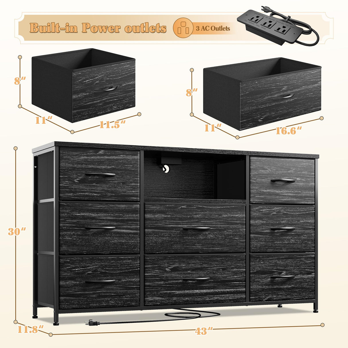 EnHomee Black Dresser for Bedroom with Charging Station, 8 Drawers Dressers & 55 inch TV Stand for Bedroom, Fabric Chest of Drawers with Open Shelves, Sturdy Dresser for Closet Living Room, Hallway EnHomee