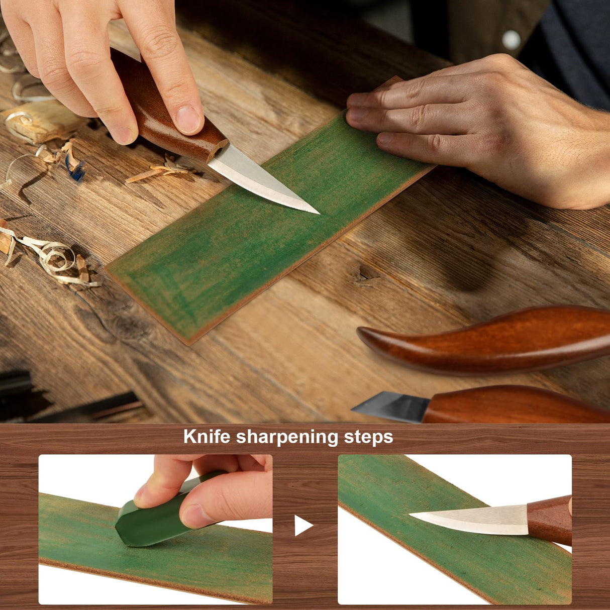 Olerqzer Wood Carving Knife With Leather Strop and Polishing Compound,Wood Whittling Knife,Wood Carving Tools for Beginners,Adults and Kids Whittling Tools (Sloyd Carving Knife) Olerqzer