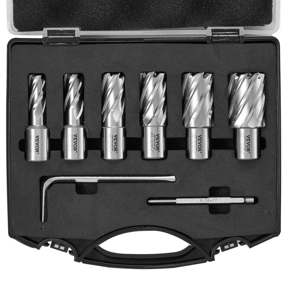 VEVOR Annular Cutter Set, 6 pcs Weldon Shank Mag Drill Bits, 1" Cutting Depth, 1/2" to 1-1/16" Cutting Diameter, M2AL High-Speed Steel, with Pilot Pin and Portable Case, for Using with Magnetic Drills VEVOR
