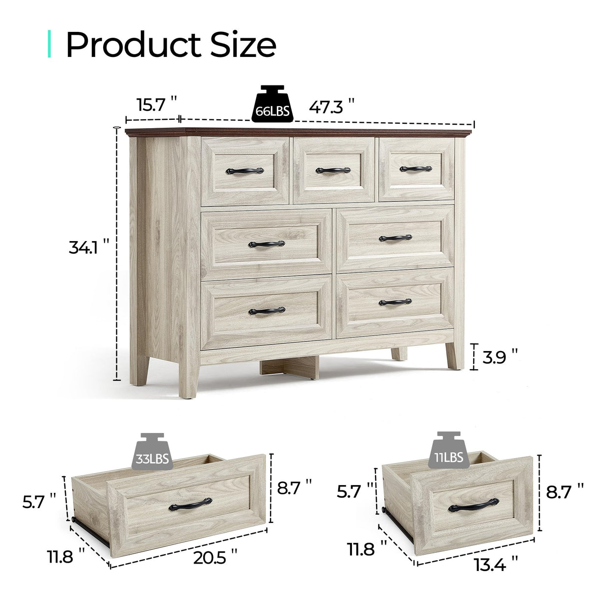LINSY HOME 7 Drawers Dresser for Bedroom, Wood Bedroom Dresser Farmhouse Drawer Chest, 7 Chest of Drawer, Tall Dresser for Closet, Dressers Organizer for Living Room, Closet, Hallway LINSY HOME