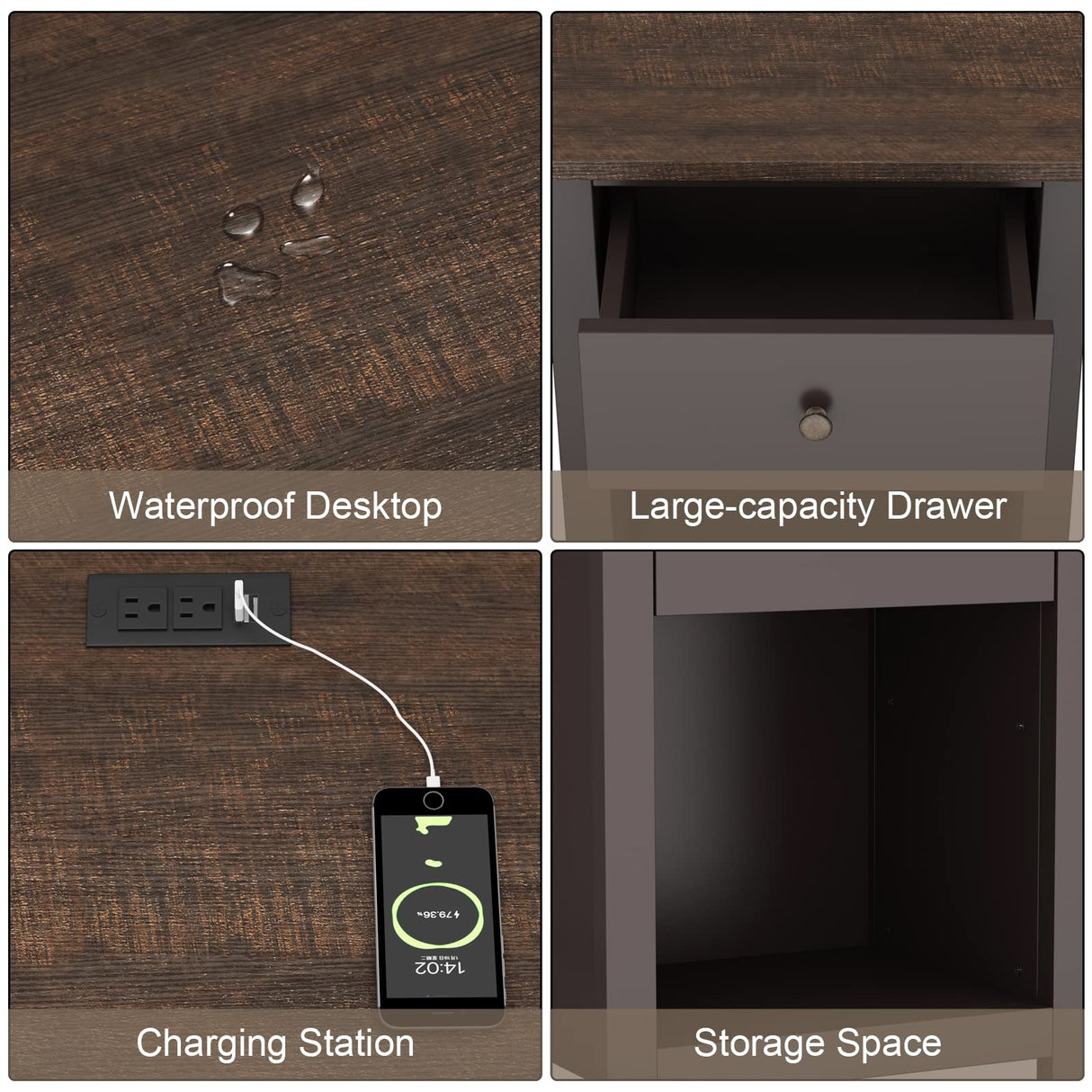 ChooChoo Nightstand with Charging Station, Wooden Top Bedside Table with Drawer and Storage Space for Bedroom, Espresso ChooChoo