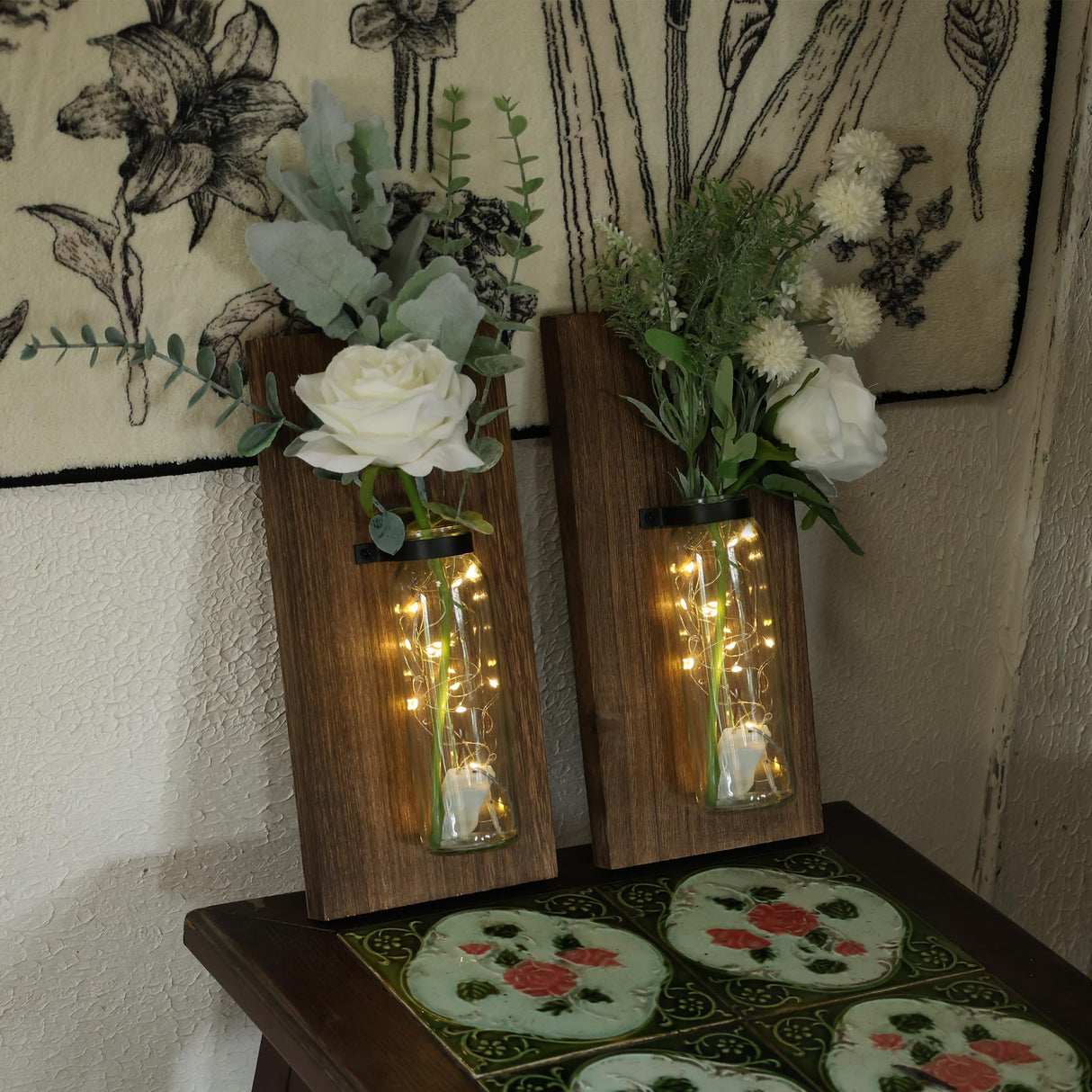 Heiple 2 Pack Wood Farmhouse Decor Sconces, Wall Planters for Indoor Plants, Wood Glass Wall Decor for Bathroom, Farmhouse Wall Hanging Glass Wall Vase Sconces (Brown) Heiple