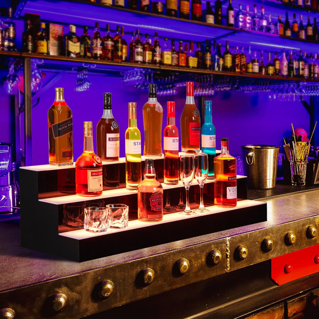 Takywep LED Lighted Liquor Bottle Display Shelf, 30-inch Bar Shelves with Remote & App Control, 3-Step Acrylic Lighted Bottle Display Stand for Home Commercial Bar Takywep