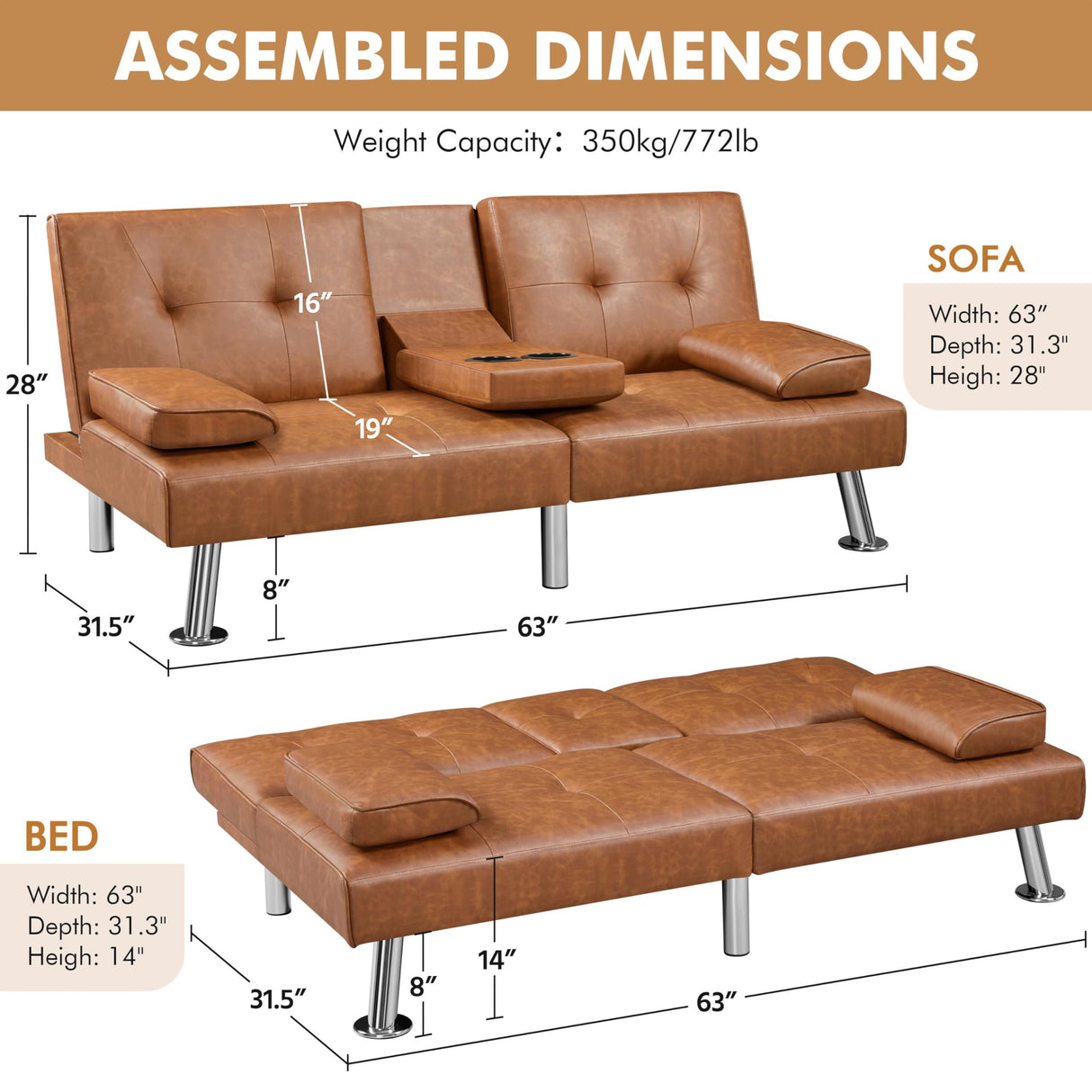 Yaheetech Convertible Sofa Bed Adjustable Couch Sleeper Modern Faux Leather Home Recliner Reversible Loveseat Folding Daybed Guest Bed, Removable Armrests, Cup Holders, 3 Angles, 772lb Capacity, Brown Yaheetech