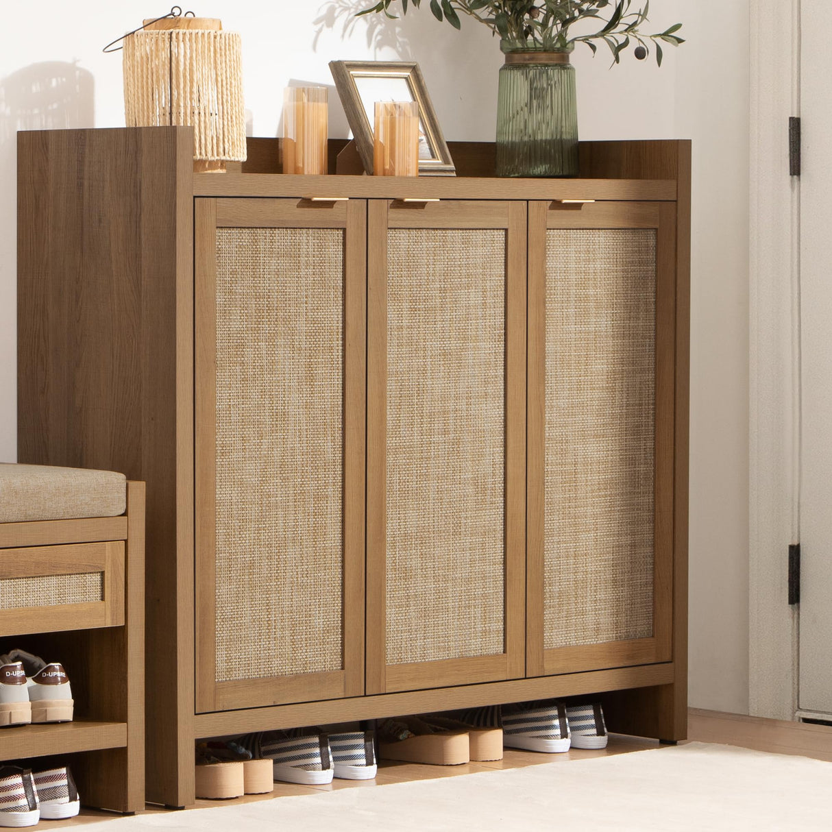 SICOTAS Shoe Storage Cabinet, 30 Pairs Rattan Shoe Cabinet Storage for Entryway, 6-Tier 41" Tall Large Shoe Cabinet, Boho Farmhouse Cabinet with Doors for Entryway Hallway Living Room Closet SICOTAS