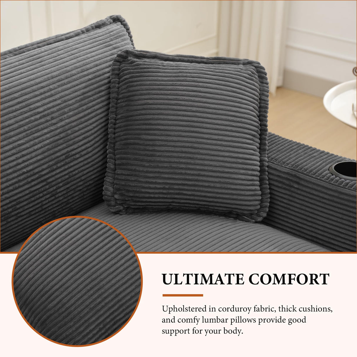 82.7" L Shaped Sectional Sofa with Cup Holders & USB Ports, Modern Loveseat Cloud Couch with Ottoman for Living Room, Apartment, Small Spaces, Grey Corduroy Tmsan