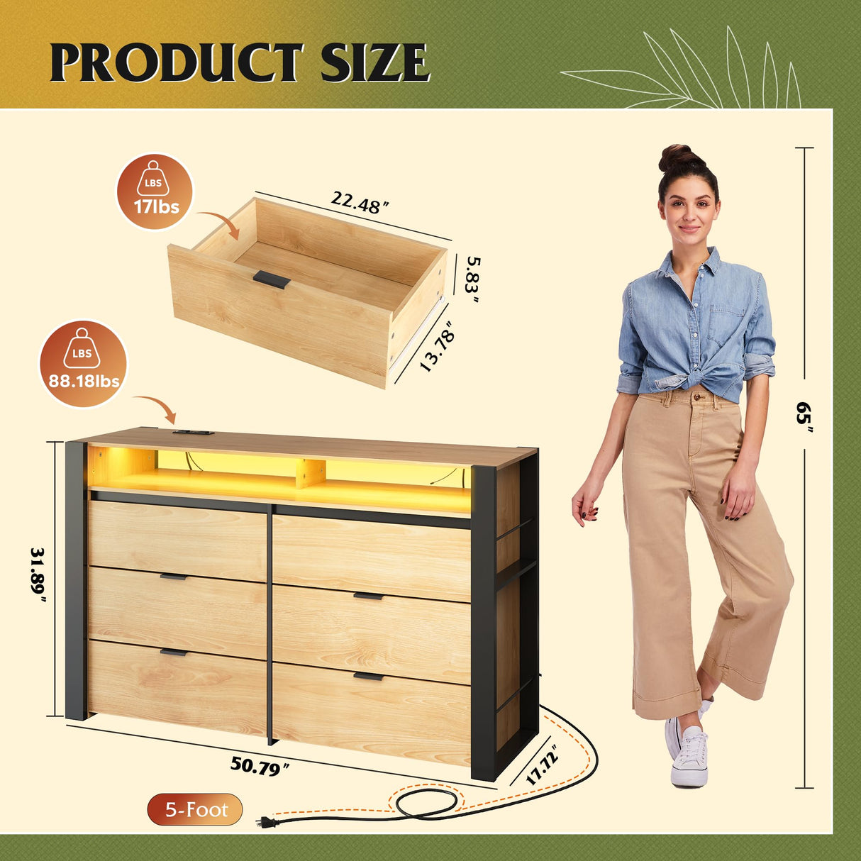 WLIVE 6 Drawer Dresser with Led Light, 50.79'' Wood Dresser for Bedroom with Power Outlets for 55'' TV, Modern Chest of Drawers for Closet, Hanging Rack, Double Wide Drawer for Living Room, Light Oak WLIVE