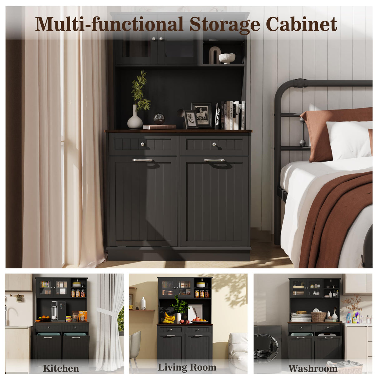 YOCONYO Double Tilt Out Trash Cabinet Storage Cabinet 20 Gallon with Two Solid Wood Hideaway Trash Holder Drawers, Dual Wooden Free Standing Recycling Cabinets Trash Can Bin Kitchen (Black) YOCONYO