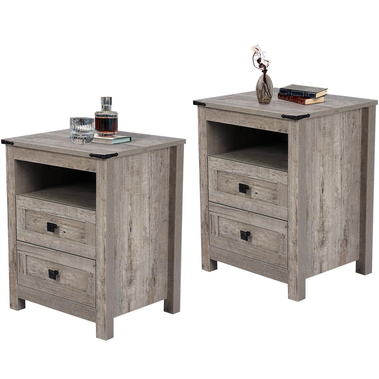 BTDWI Farmhouse Nightstand Set 2, Wood Side Table with Drawers and Storage Shelf, Square End Table for Bedroom, Light Grey Rustic Oak BTDWI