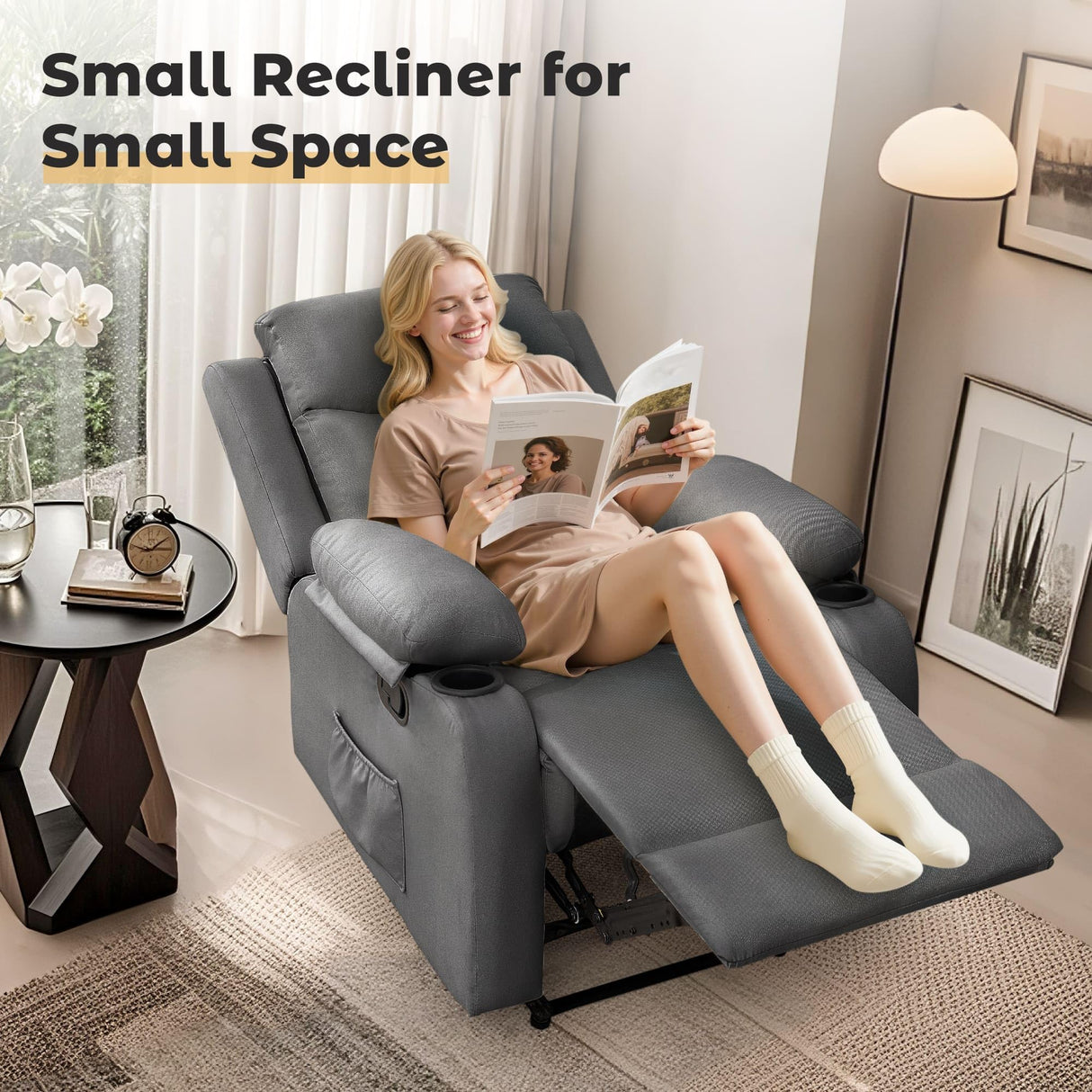 Korser Recliner Chair, Small Recliners for Small Spaces, Manual Recliner with Cup Holders and Side Pockets, Reclining Chair, Chairs for Living Room, Bedroom, Nursery, Darkgrey Korser