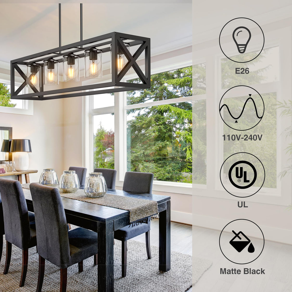 Espird Farmhouse Dining Room Light Fixture - 5 Light Matte Black Rectangle Light Fixture with Adjustable Height & Thickened Metal Dining Table Fixture Chandeliers for Dining Room&Kitchen Island Espird