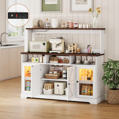 Hasuit Farmhouse Sideboard Buffet Cabinet with Goblet Holder & Power Outlet, Coffee Bar Storage with RGB LED Light and Adjustable Shelf for Kitchen Living Room (White)