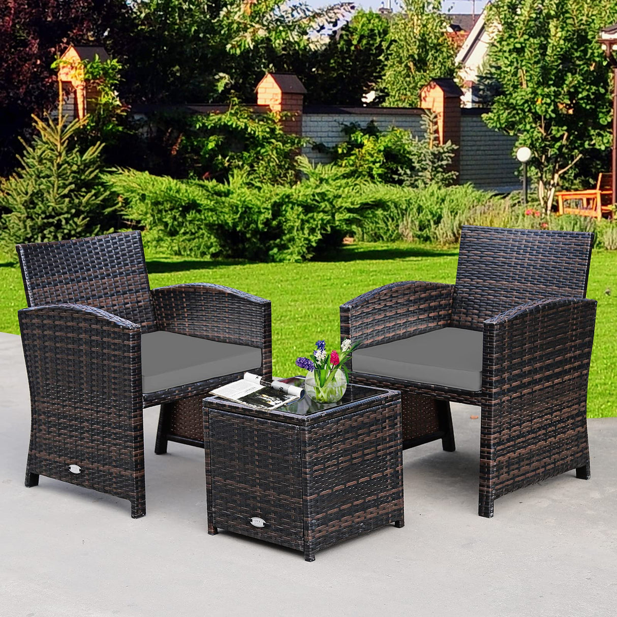 Tangkula 3-Piece Outdoor PE Rattan Furniture Set, Patio Conversation Set w/Chair & Storage Coffee Table, Detachable Cushion, Stable X-Shaped Frame, Perfect for Garden, Backyard, Poolside (Grey) Tangkula