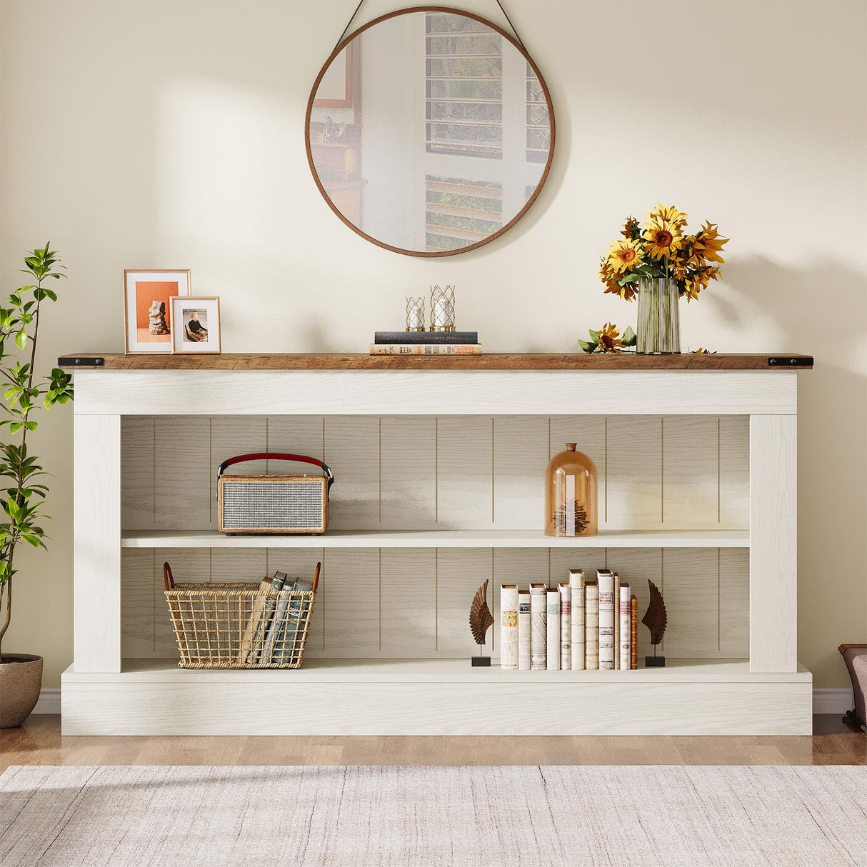 Tribesigns 63-Inch Long Console Table for Entryway, Narrow Long Entry Table with Shelves for Living Room, Farmhouse Sofa Console Behind Couch, for Foyer, Hallway, White and Brown Tribesigns