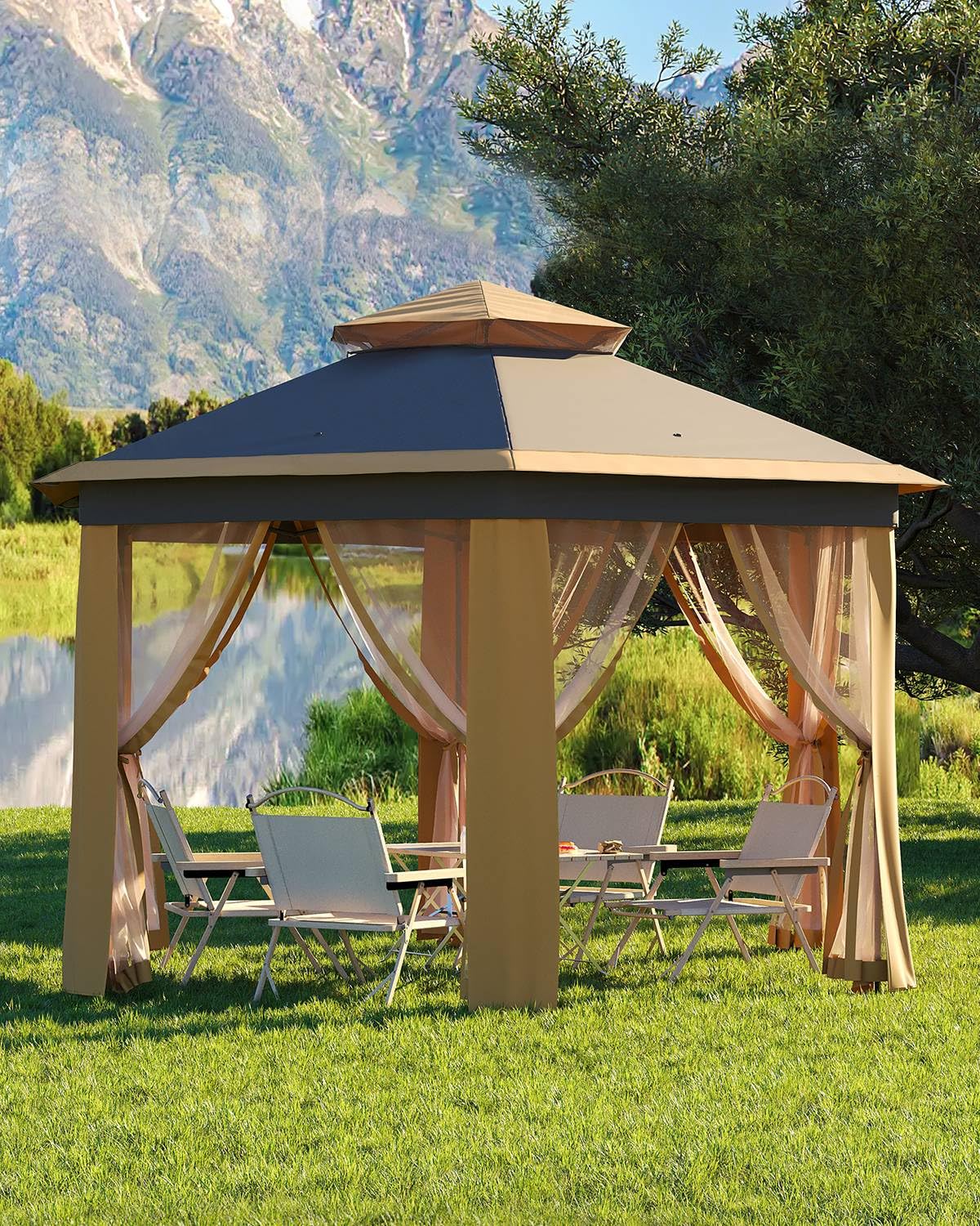 Pop Up Gazebo 13x13Ft, Outside Canopy Tent with 6 Pcs Mosquito Netting, One Push Setup for Backyard Patio Garden Activities - Khaki & Beige Garveelife