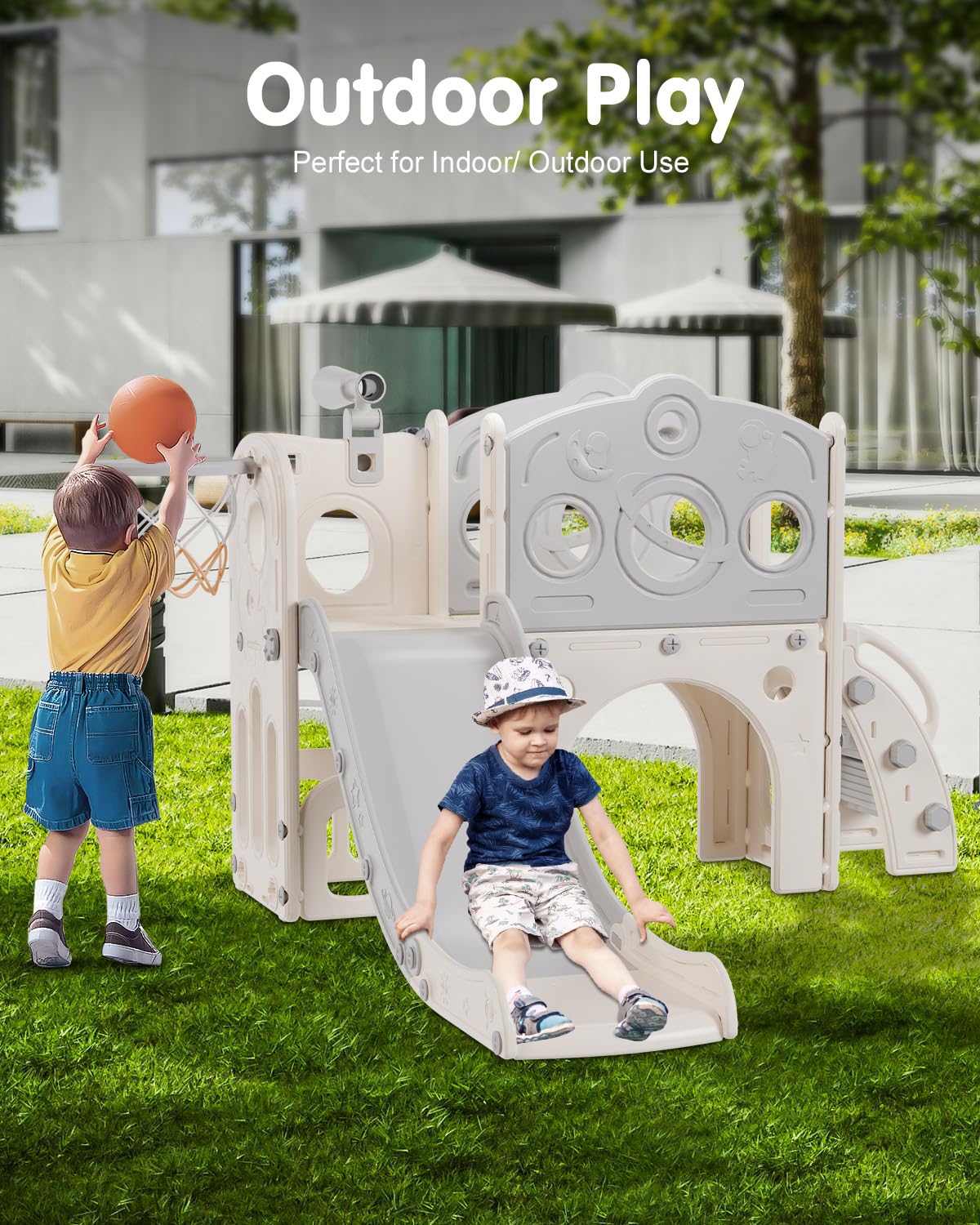 Babytronic Toddler Slide, 8 in 1 Kids Slide with Basketball Hoop, Telescope and Climber, Baby Slide Toddler Playground, Indoor Outdoor Playset for Toddlers Age 1-3, Kids Indoor Playground (White&Gray) Babytronic