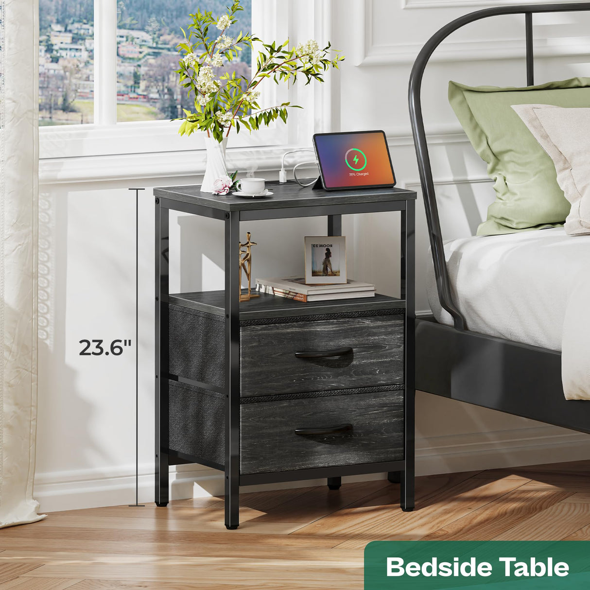 Huuger Nightstand with Charging Station, Side Table with Fabric Drawers, End Table with Open Shelf, Bedside Table with USB Ports and Outlets, Night Stand for Bedroom, Charcoal Black Wood Grain Print Huuger