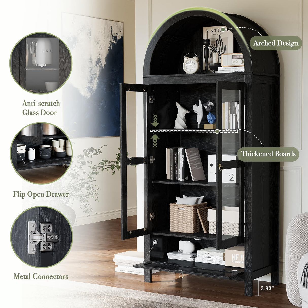 CHYMSUN 71” Tall Arched Kitchen Pantry Cabinet, Modern Farmhouse Hutch Storage Cabinets with Large Drawer and Glass Doors for Kitchen, Dining Room, Living Room, Black CHYMSUN