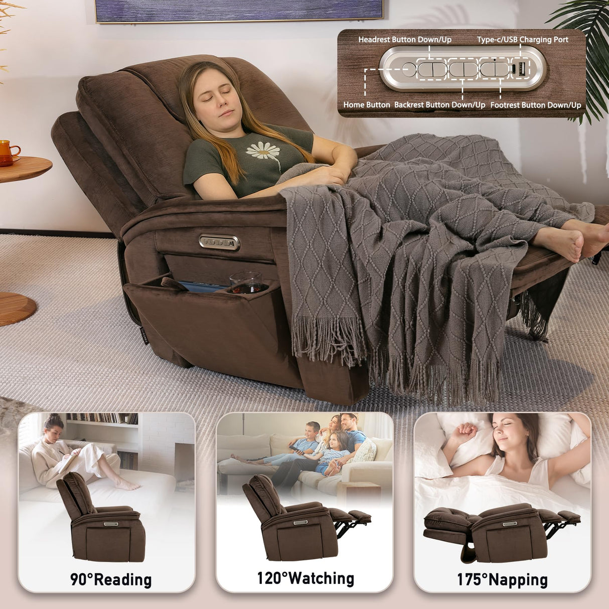 EONIX Triple Motor Lay Flat Zero Gravity Power Recliner Chair with Heat and Massage, Independent Adjustable Backrest Footrest Headrest, 400lbs Heavy Duty Medium Size, Stylish Chenille, Dark Brown EONIX