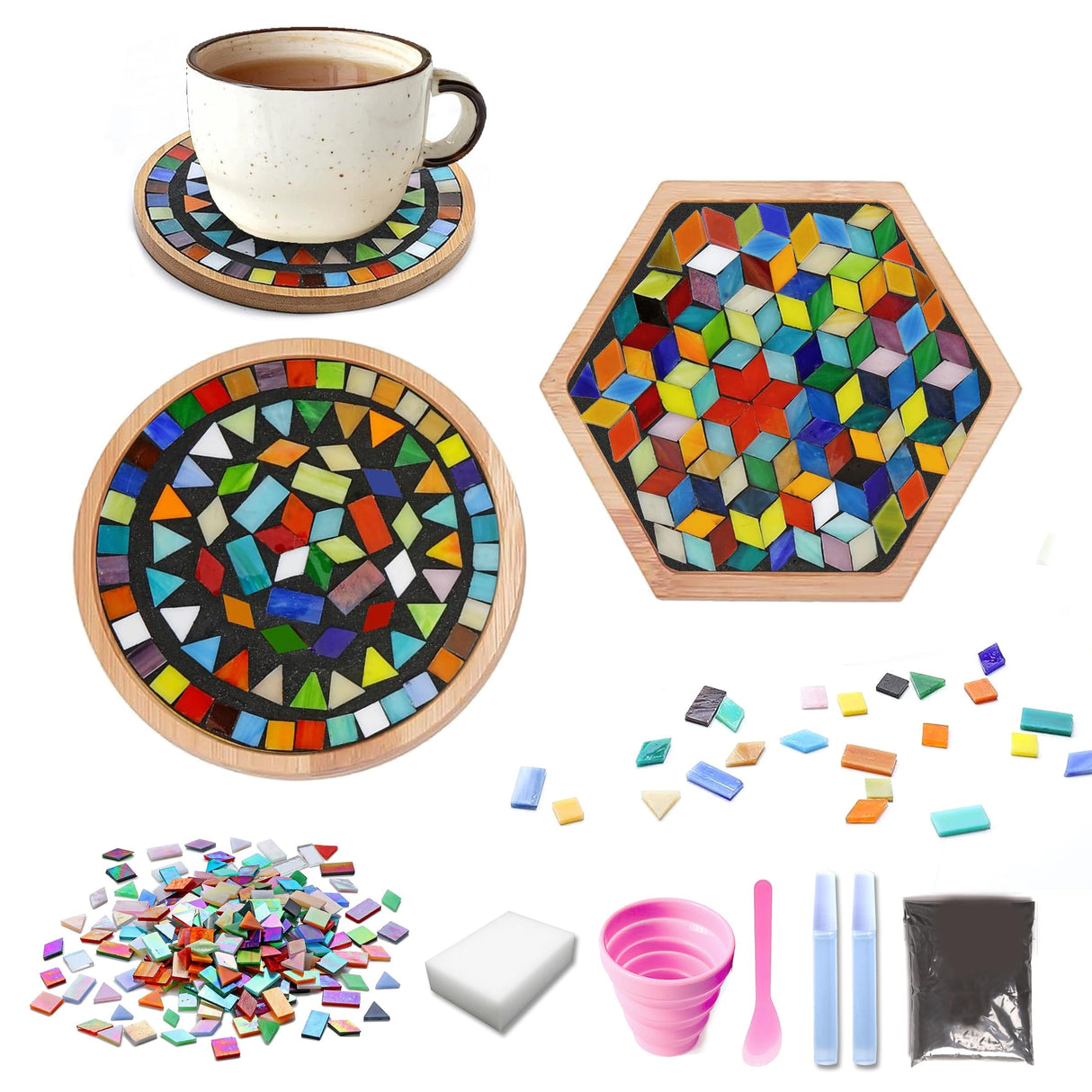 DIY Mosaic Tiles Crafts Kits for Adults, Mixed Stained Glass Mosaic Kit with 2 Sets Wooden Coaster Making Materials Package,Mosaic Adult Crafts for Women Kids Beginners Handmade Home Decor Gifts Nuyoach