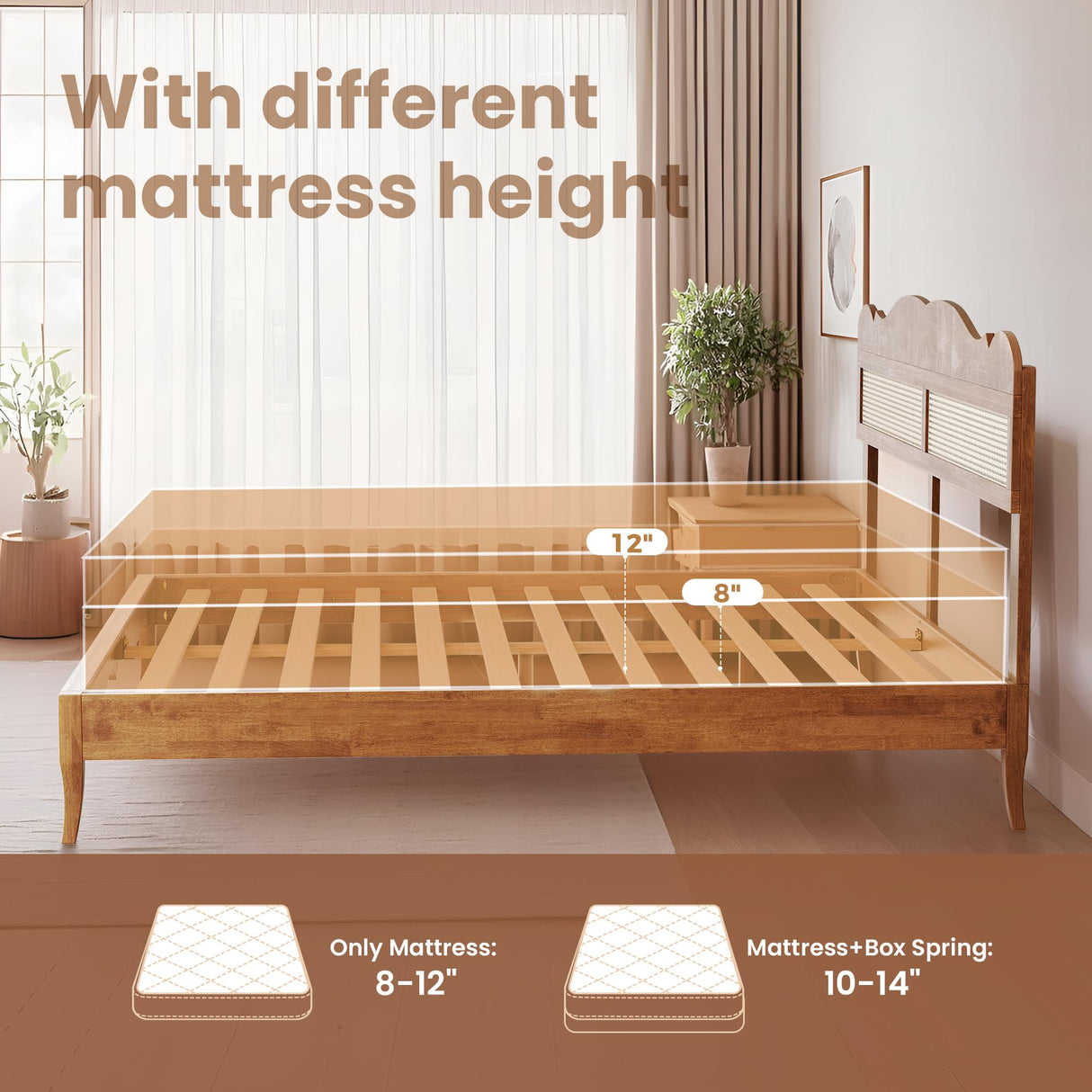 PHI VILLA Rattan King Bed Frame with Headboard, Wood Mid Century Boho Bed Frames, No Box Spring Needed, Brown PHI VILLA