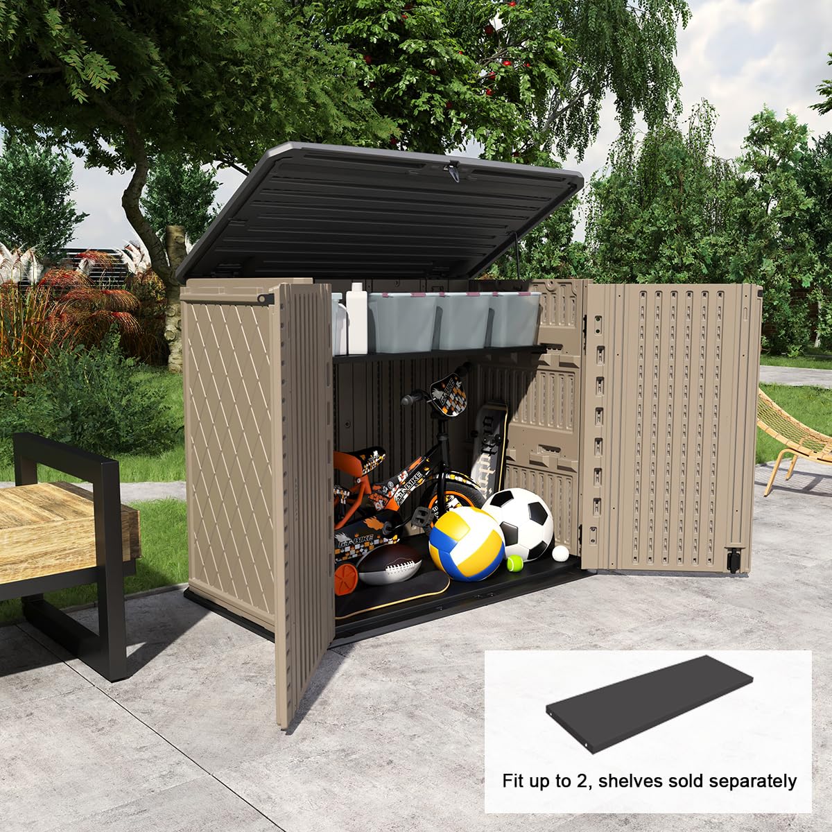 KINYING Outdoor Storage Shed - Horizontal Storage Cabinet Waterproof for Garden, Patio, Backyard, Storage Box for Easy Storage of Garbage Cans, Tools, Lawn Mower, 26 Cubic Feet,Dark Brown KINYING