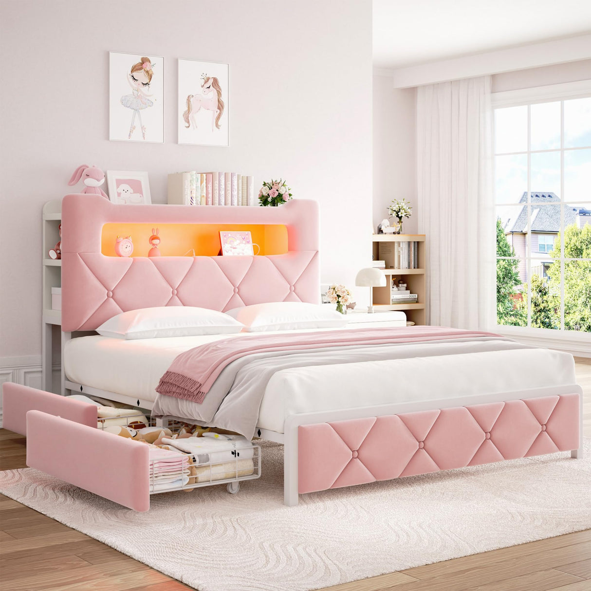 Full Upholstered LED Bed Frame with 2 Storage Drawers and 2-Tier Storage Headboard, Velvet Princess Platform Bed with Charging Station & Bookcase, Heavy Duty Metal Support, No Box Spring Needed, Pink Jocoevol