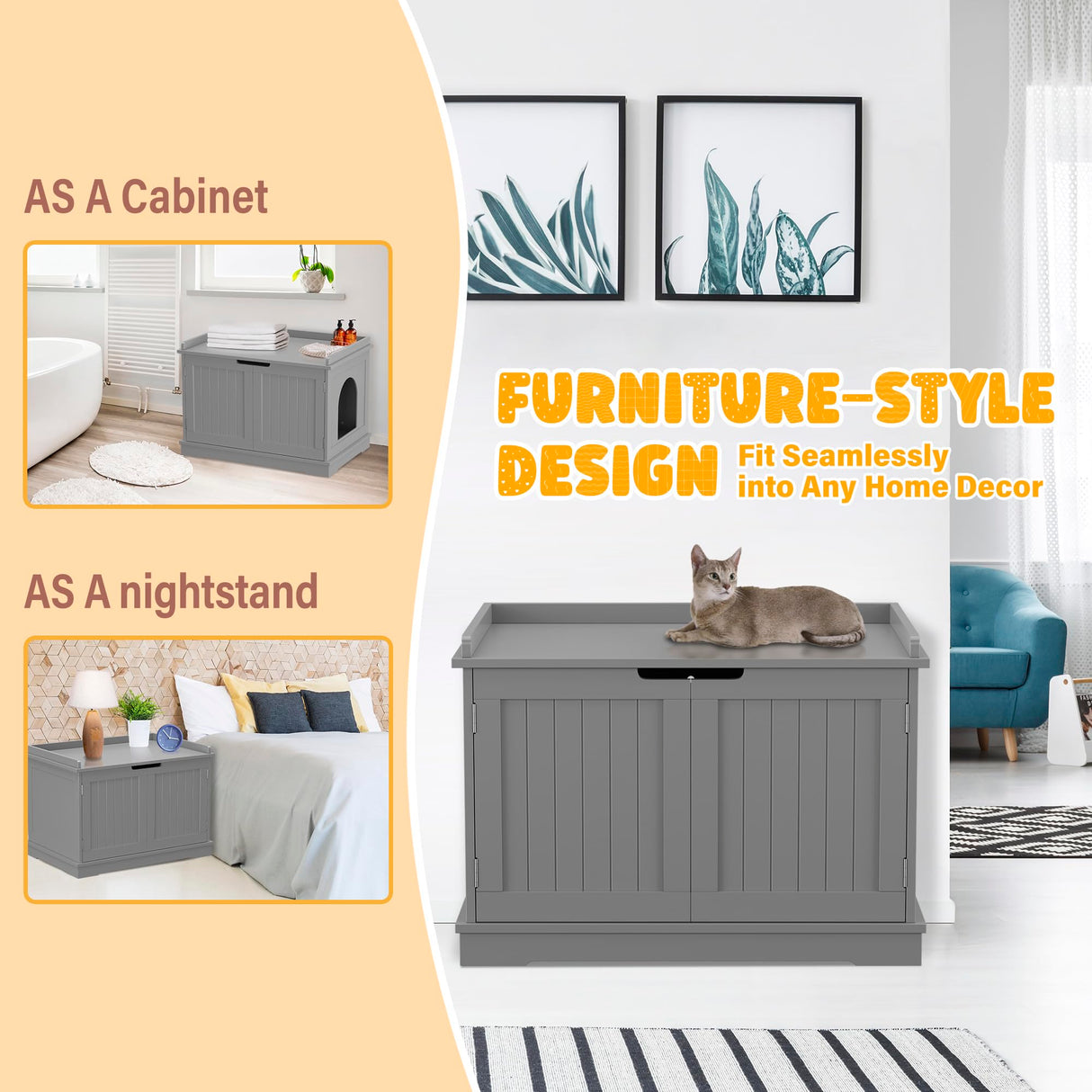 ZENY Cat Litter Box Enclosure, Cat Litter Box Furniture Hidden, Wooden Cat Litter Cabinet with Divider, Modern Cat Washroom Storage Bench,Fit Most of Litter Box, Gray ZENY