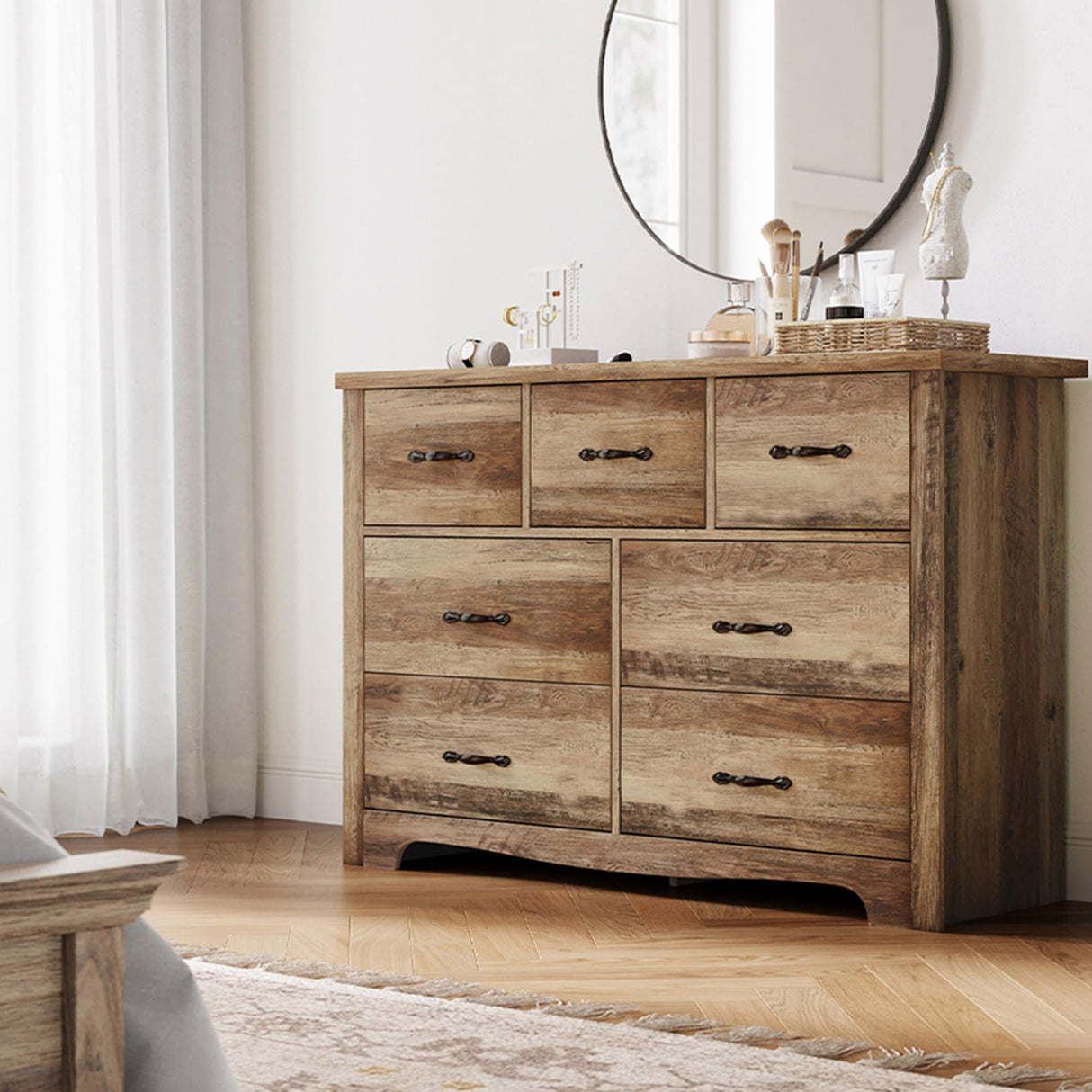 LINSY HOME 7 Drawers Dresser for Bedroom, 47" Wide Rustic Wood Dressers & Chests of Drawers, Modern Farmhouse Storage Dresser with Antique Handles for Closet, Living Room, Hallway, Rustic Brown LINSY HOME